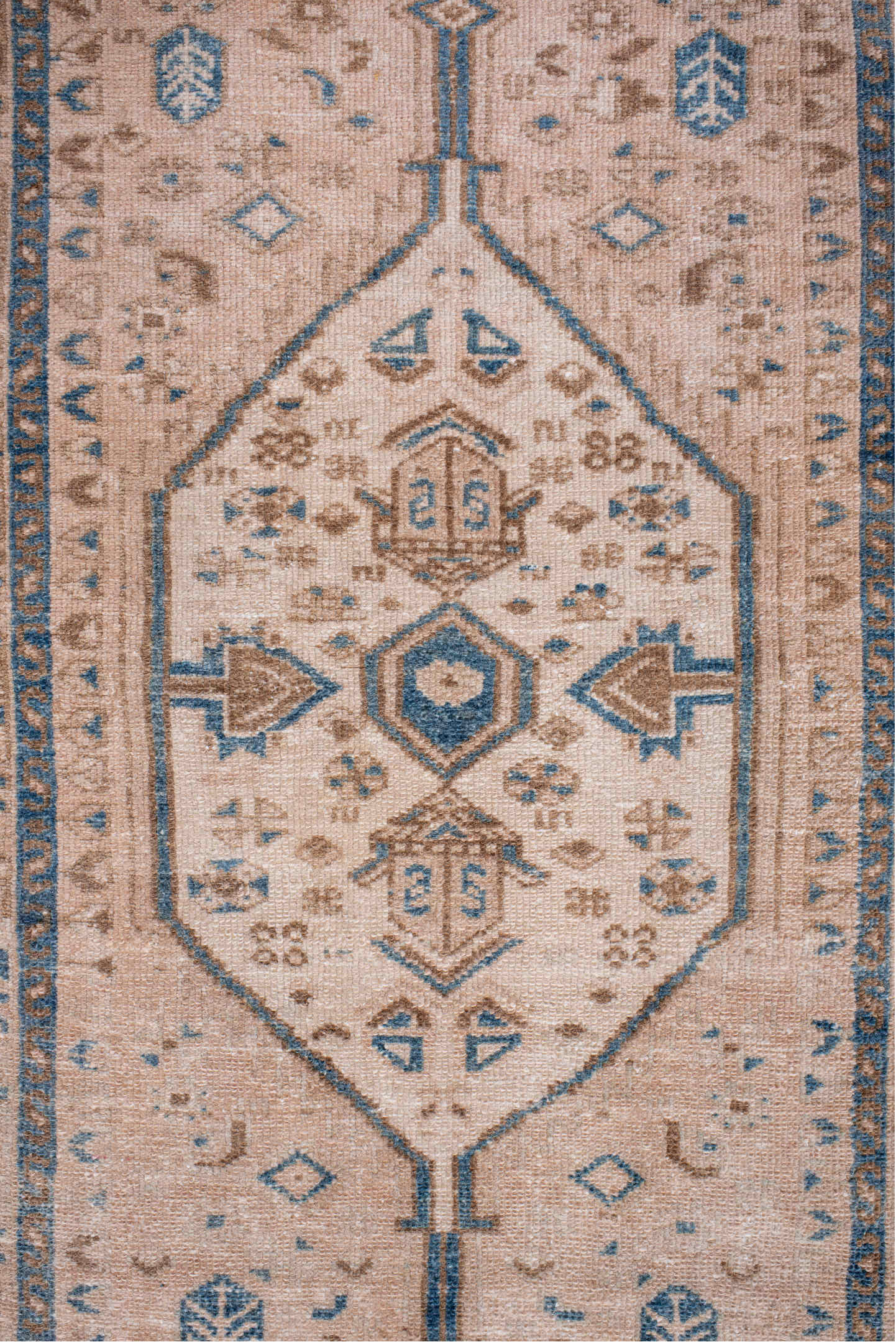 2' x 10' one-of-a-kind handmade vintage Karaje runner rug. Color palette: pink, blue, gray, off-white, light gray, brown