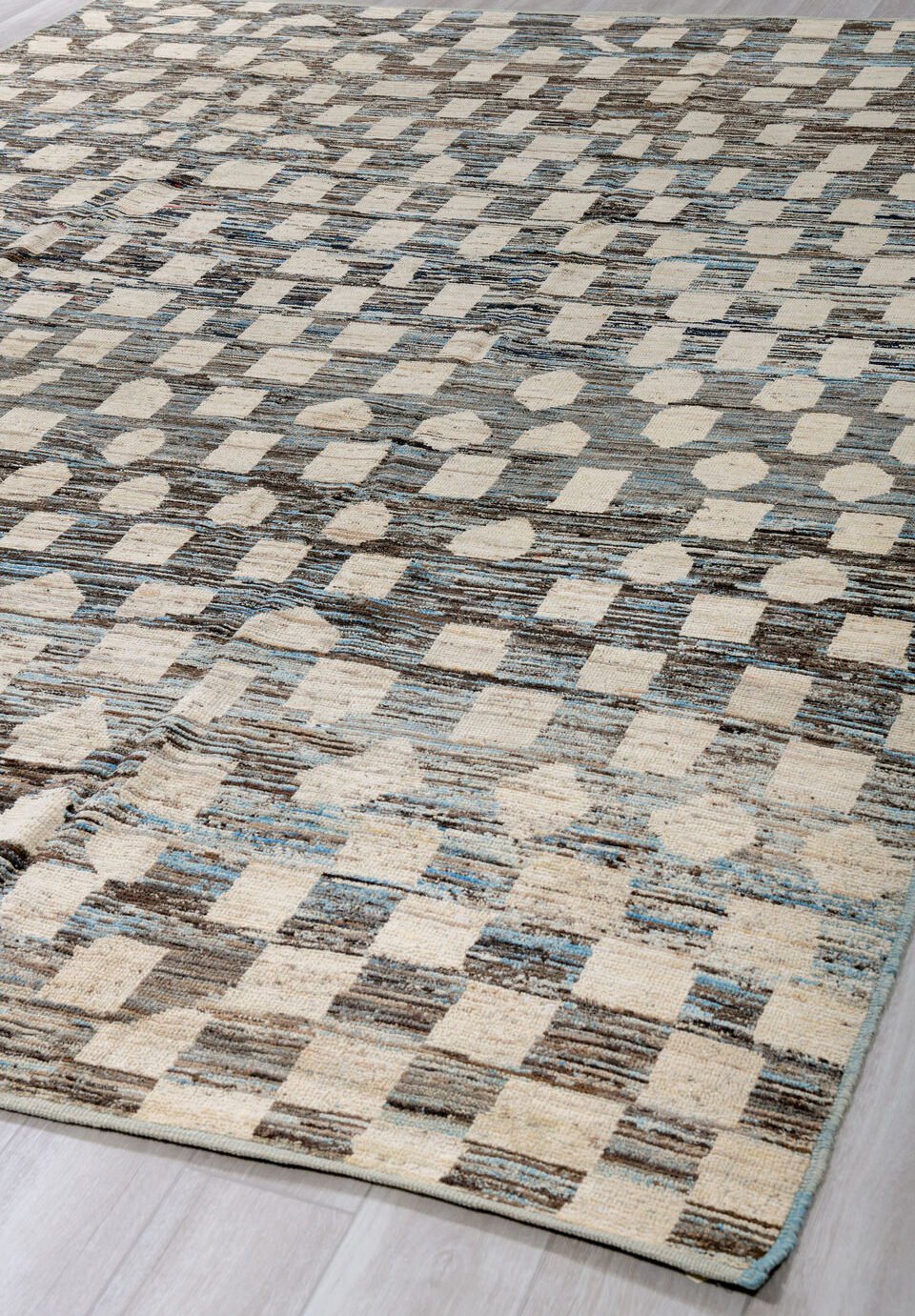 9' x 12' one-of-a-kind handmade vintage Tulu large size rug. Color palette: black, blue, dark gray, gray, light blue