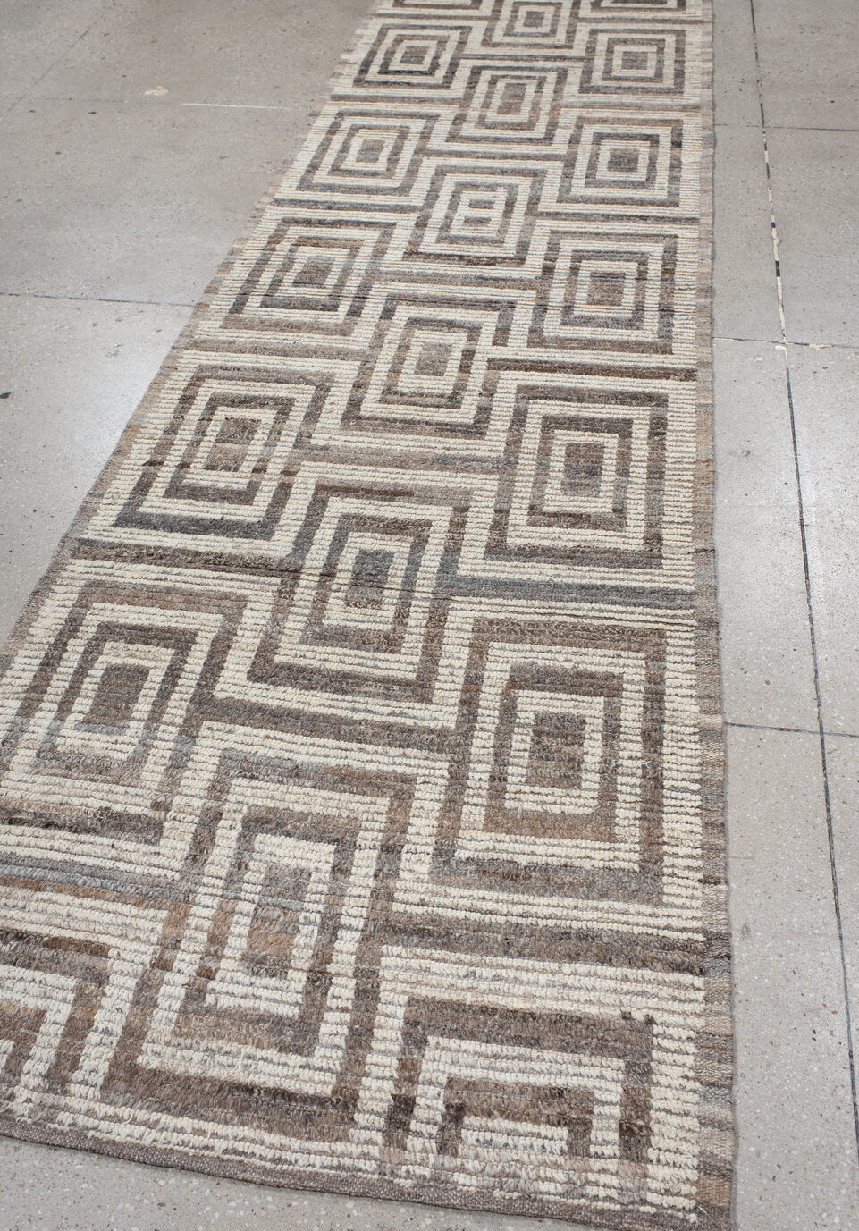 3' x 13' one-of-a-kind handmade vintage Tulu runner rug. Color palette: brown, dark gray, dim gray, gainsboro, gray