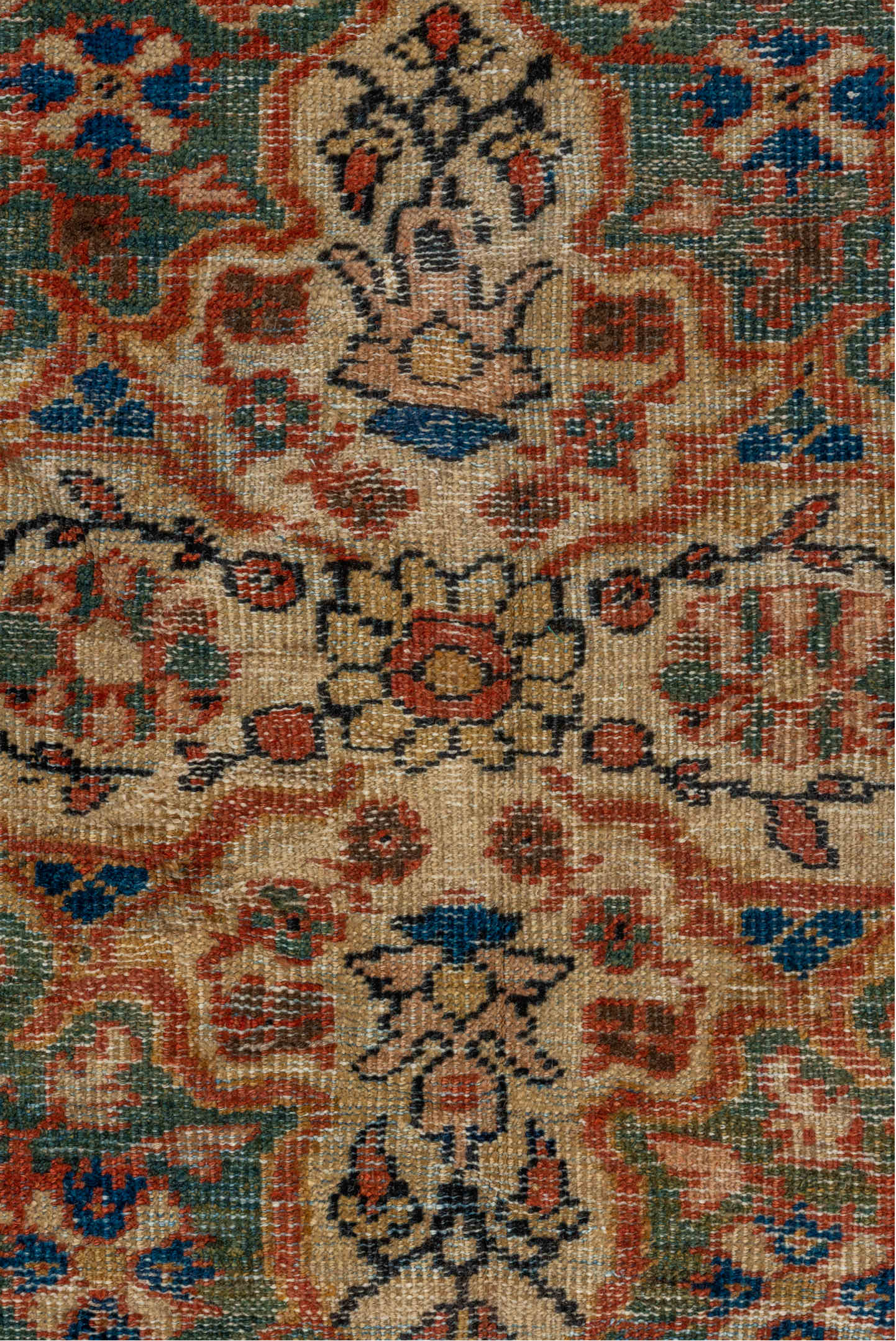 9' x 12' one-of-a-kind handmade vintage Mahal large size rug. Color palette: gray, off-white, blue, brown, black, red