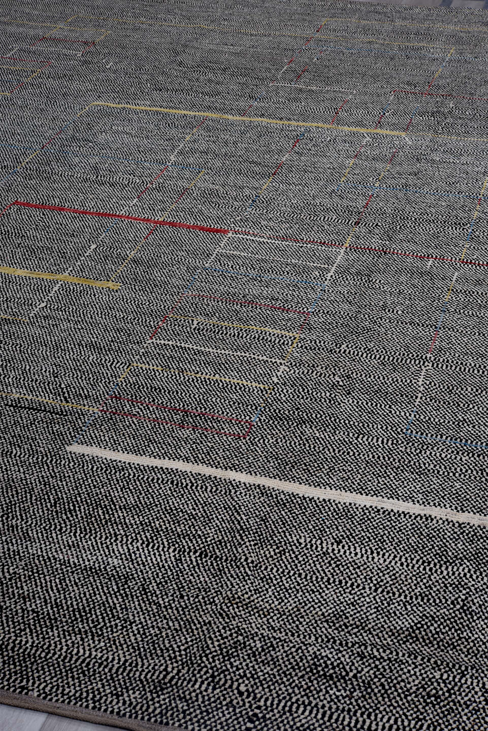 10' x 13' one-of-a-kind handmade vintage Tulu large size rug. Color palette: black, brown, charcoal, dark gray, dim gray