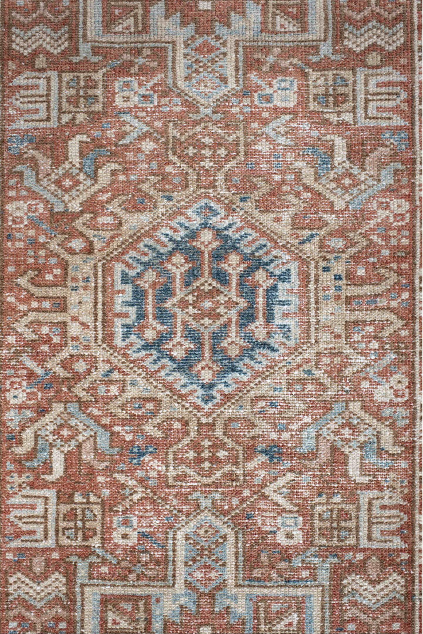 3' x 11' one-of-a-kind handmade vintage Karaje runner rug. Color palette: brown, gray, blue, light gray, off-white, pink