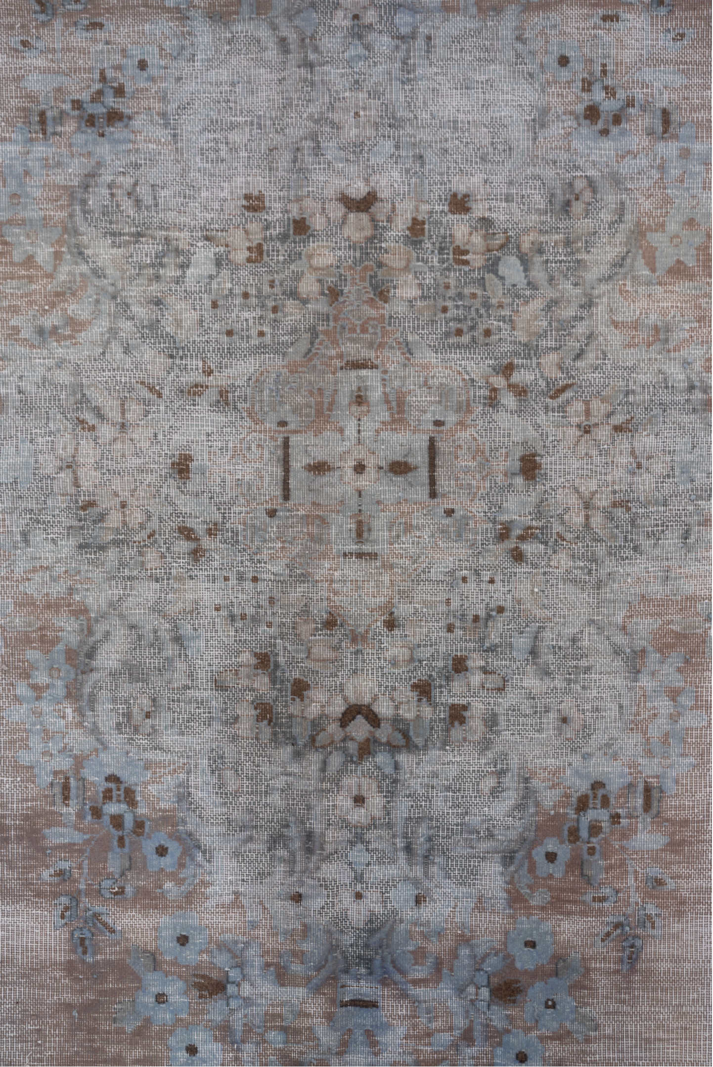 9' x 13' one-of-a-kind handmade vintage Distressed large size rug. Color palette: blue, dark gray, dim gray, gray