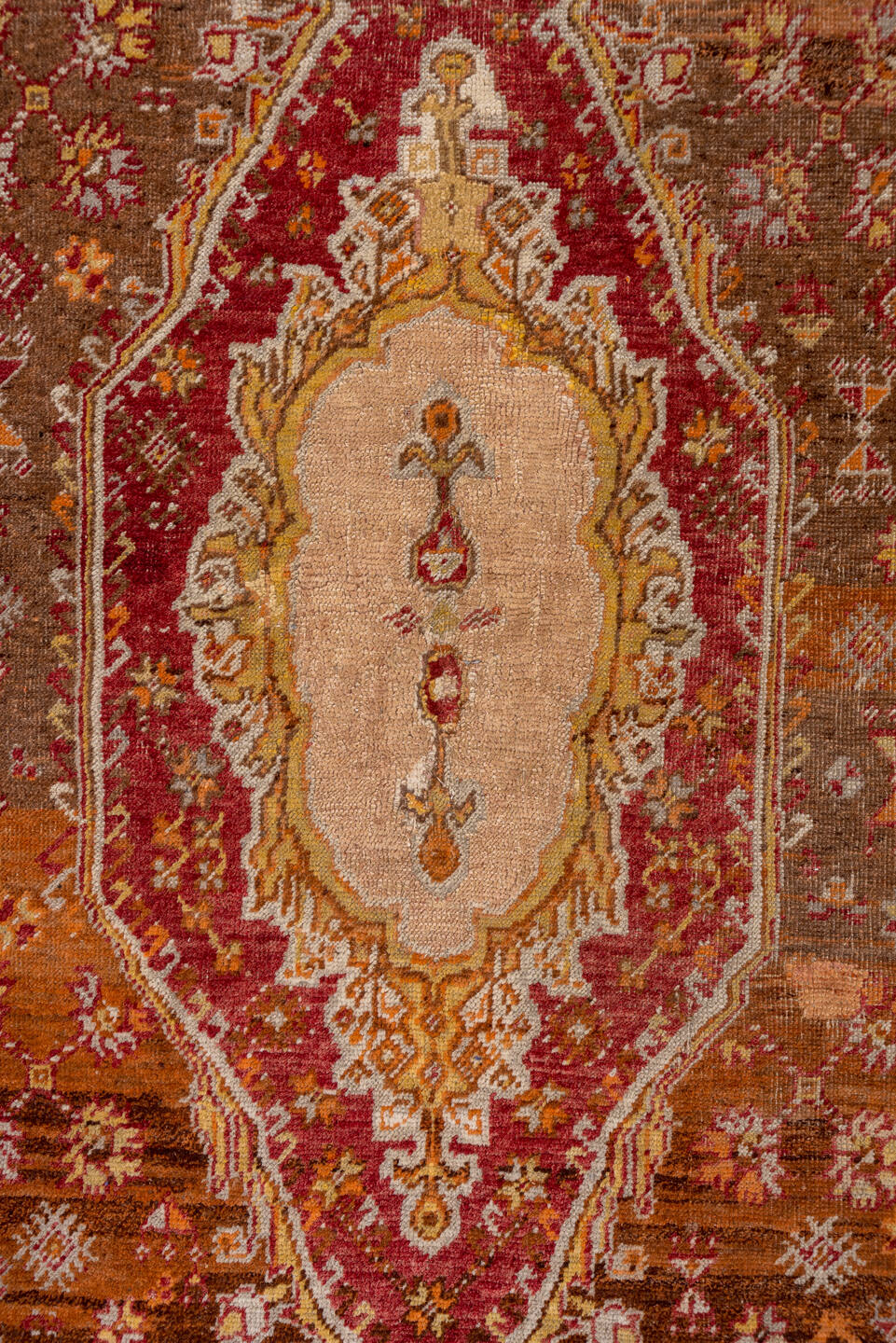 3' x 5' one-of-a-kind handmade vintage Sivas small size rug. Color palette: brown, gray, light gray, off-white, orange, pink