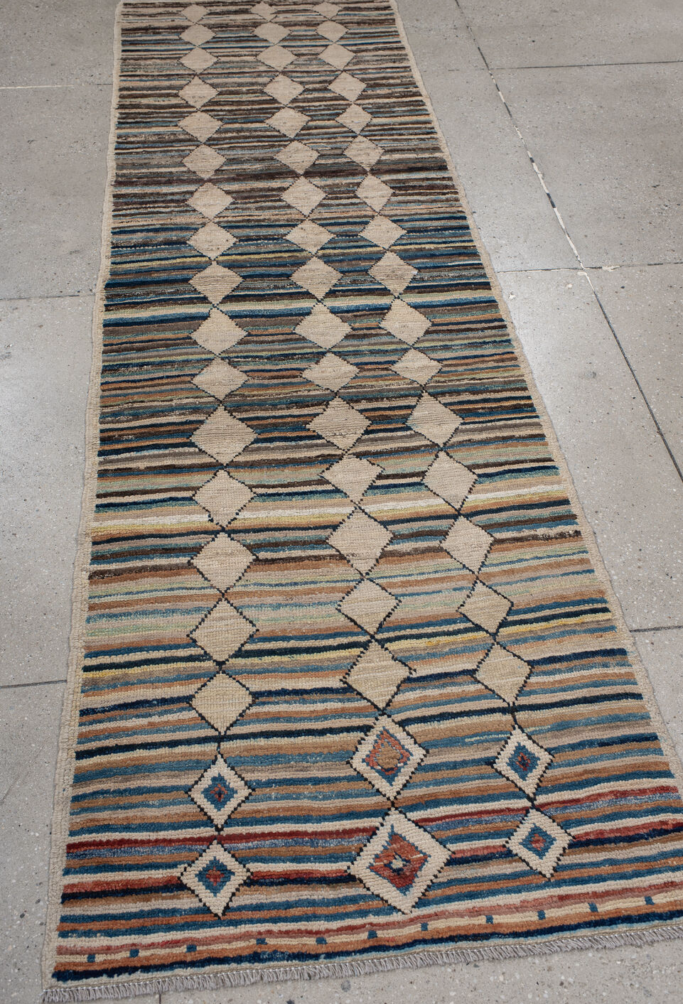 2' x 9' one-of-a-kind handmade vintage Kilim runner rug. Color palette: blue, gray, light gray, off-white, black, pink