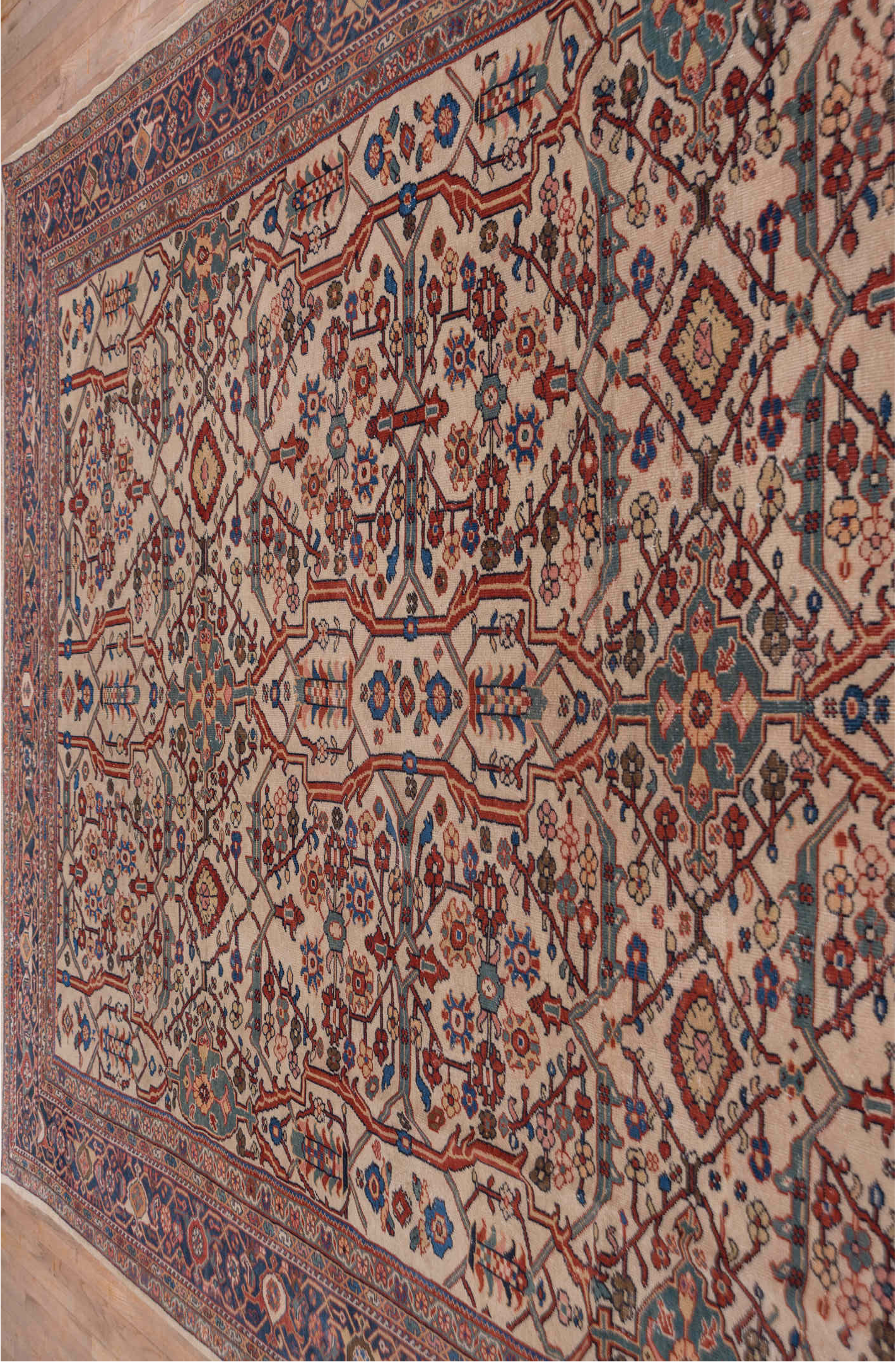 10' x 13' one-of-a-kind handmade vintage Sultanabad large size rug. Color palette: blue, brown, gray, light gray, off-white