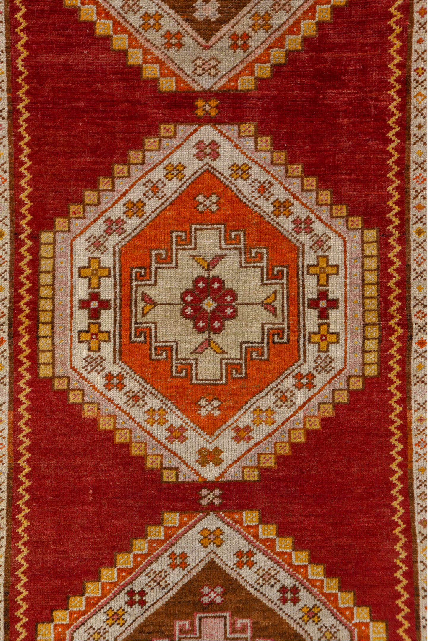 3' x 11' one-of-a-kind handmade vintage Oushak runner rug. Color palette: brown, fire brick, gray, light gray, off-white