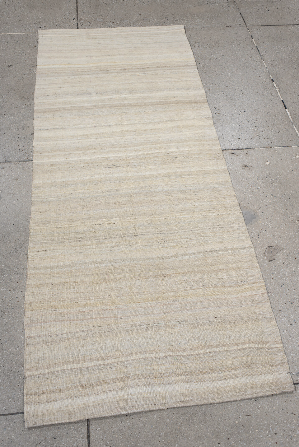 2' x 6' one-of-a-kind handmade vintage Kilim runner rug. Color palette: light gray, off-white, gray, pink, brown, linen