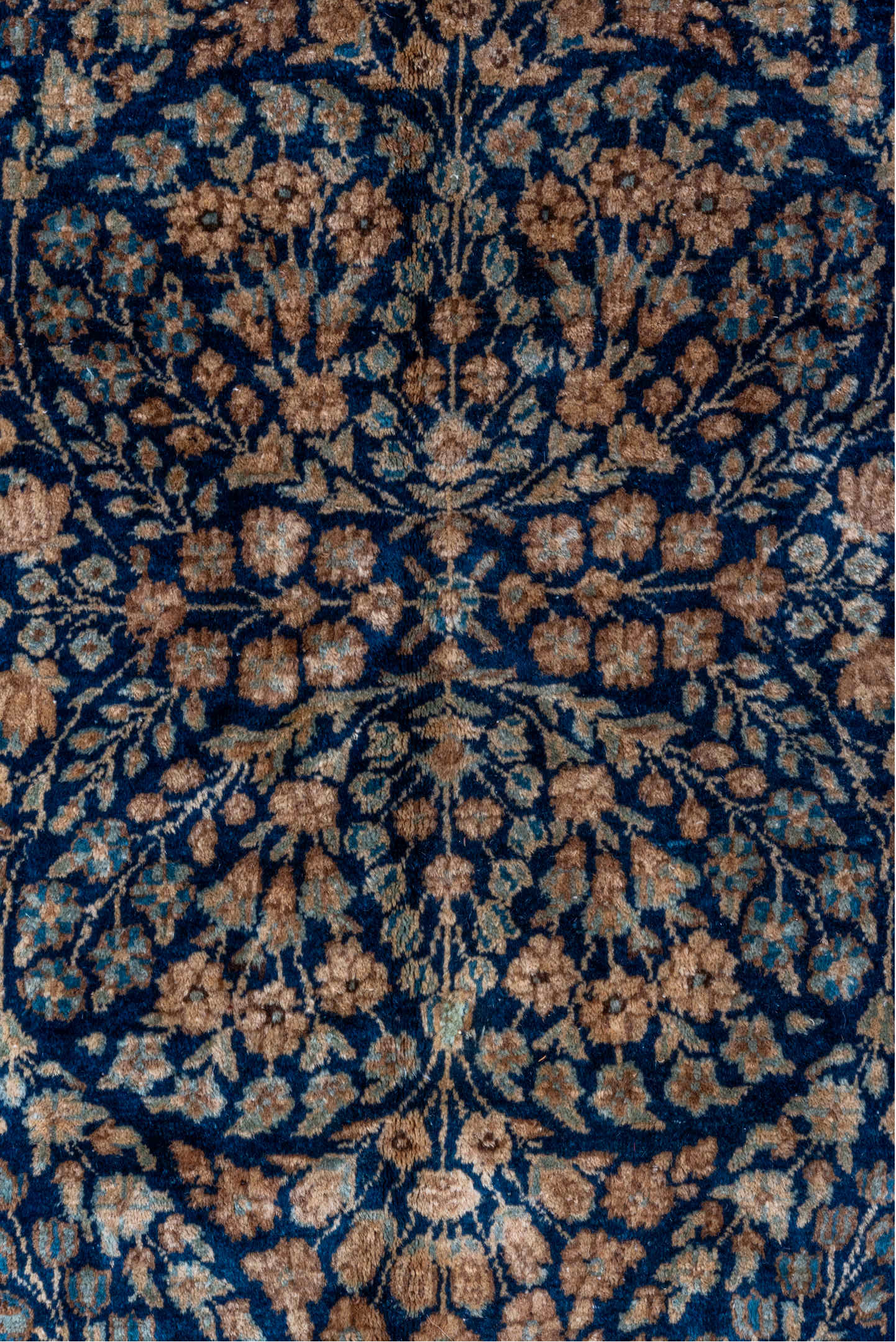 8' x 13' one-of-a-kind handmade vintage Kerman large size rug. Color palette: black, blue, brown, dark gray, dim gray, gray