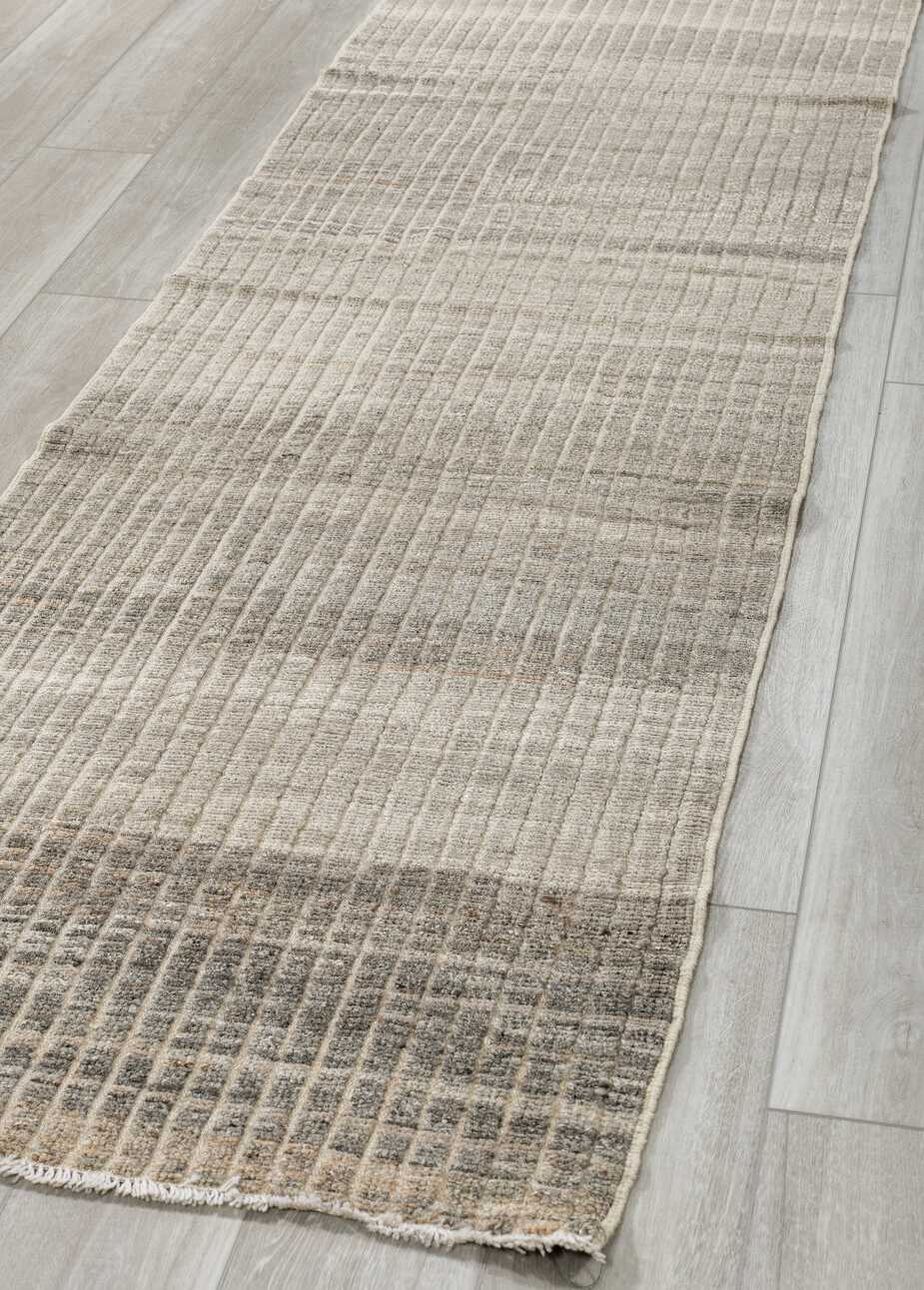 2' x 9' one-of-a-kind handmade vintage Tulu runner rug. Color palette: dark gray, dim gray, gainsboro, gray, light gray