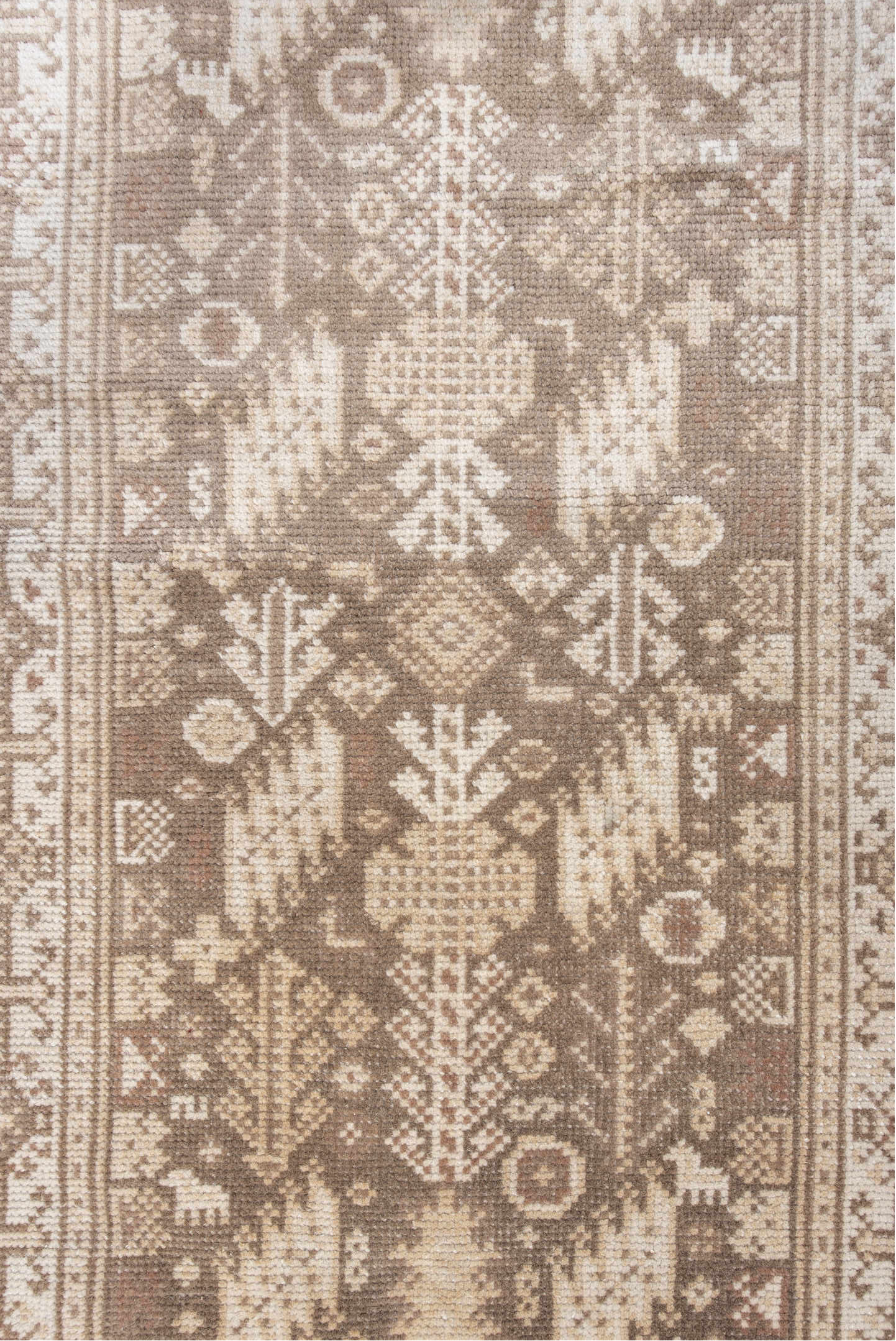 2' x 4' one-of-a-kind handmade vintage Oushak small size rug. Color palette: brown, gray, off-white, light gray, orange
