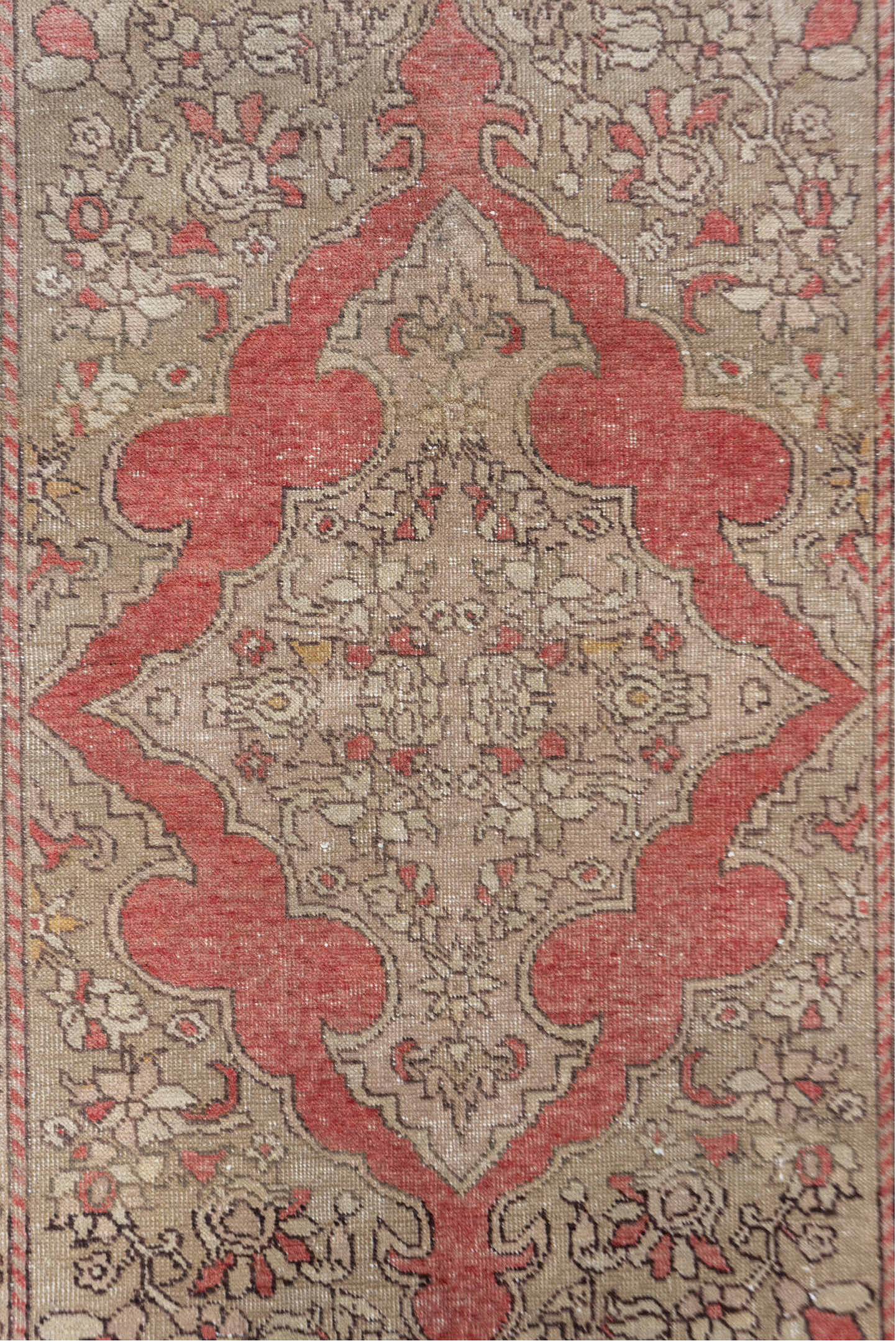 3' x 5' one-of-a-kind handmade vintage Oushak small size rug. Color palette: brown, off-white, orange, pink, red, redwood