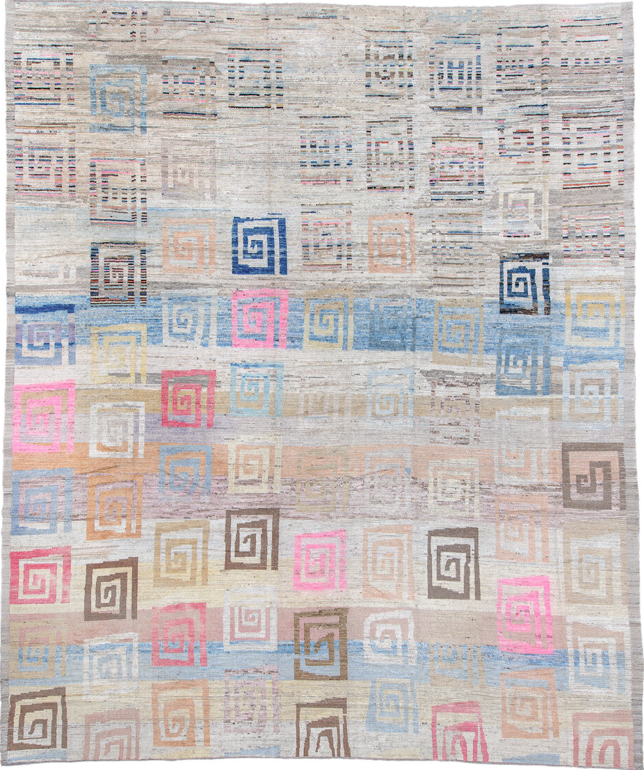 3' x 16' one-of-a-kind handmade vintage Tulu runner rug. Color palette: black, blue, brown, gray, light blue