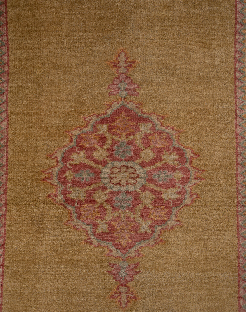 2' x 11' one-of-a-kind handmade vintage Oushak runner rug. Color palette: brown, off-white, pink, red, snow, white