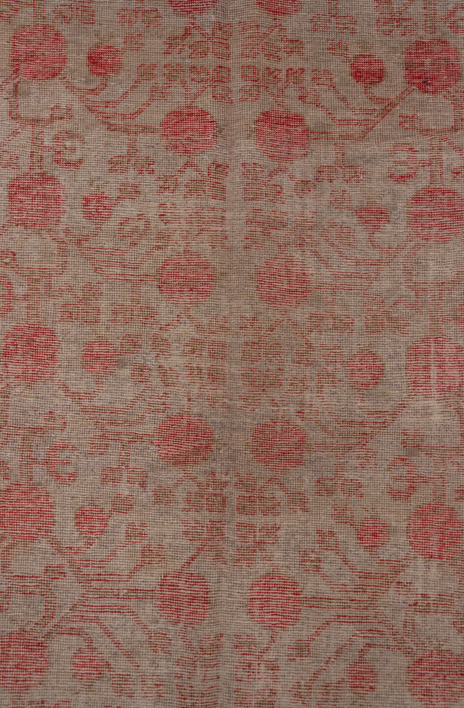 6' x 13' one-of-a-kind handmade vintage Khotan large size rug. Color palette: brown, pink, red, redwood