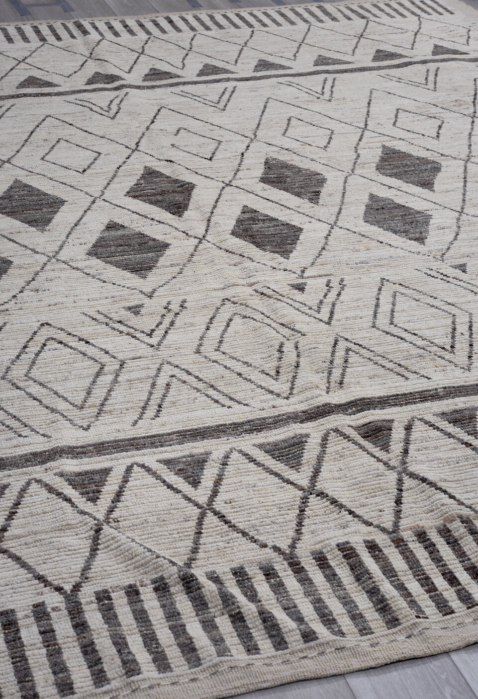 9' x 11' one-of-a-kind handmade vintage Tulu large size rug. Color palette: black, charcoal, dim gray, gray, light gray