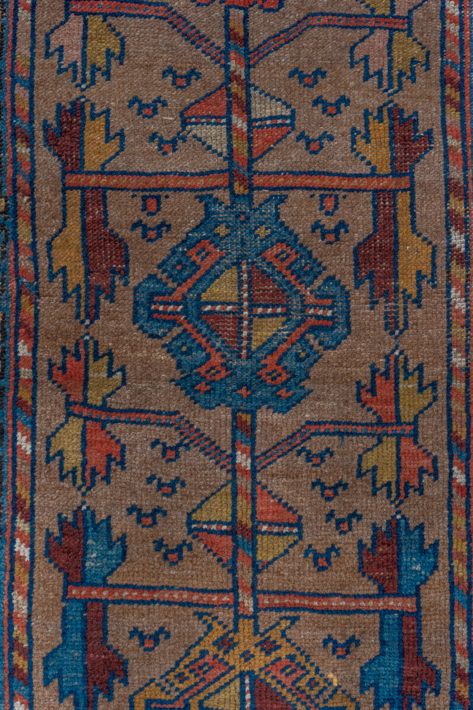 3' x 8' one-of-a-kind handmade vintage Kurd runner rug. Color palette: arapawa, blue, brown, gray, pink, red, redwood