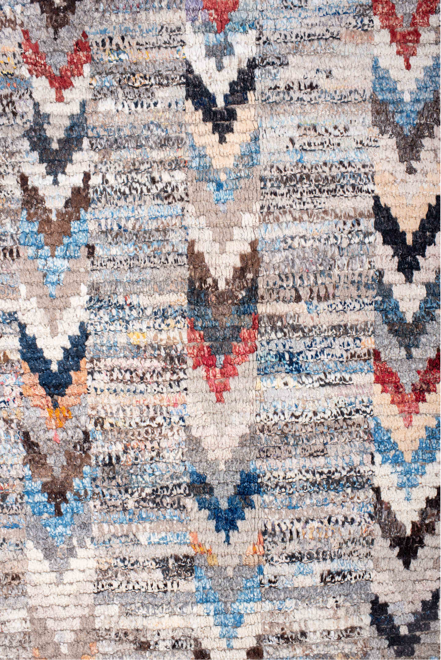 9' x 12' one-of-a-kind handmade vintage Tulu large size rug. Color palette: blue, brown, gray, light blue, light gray