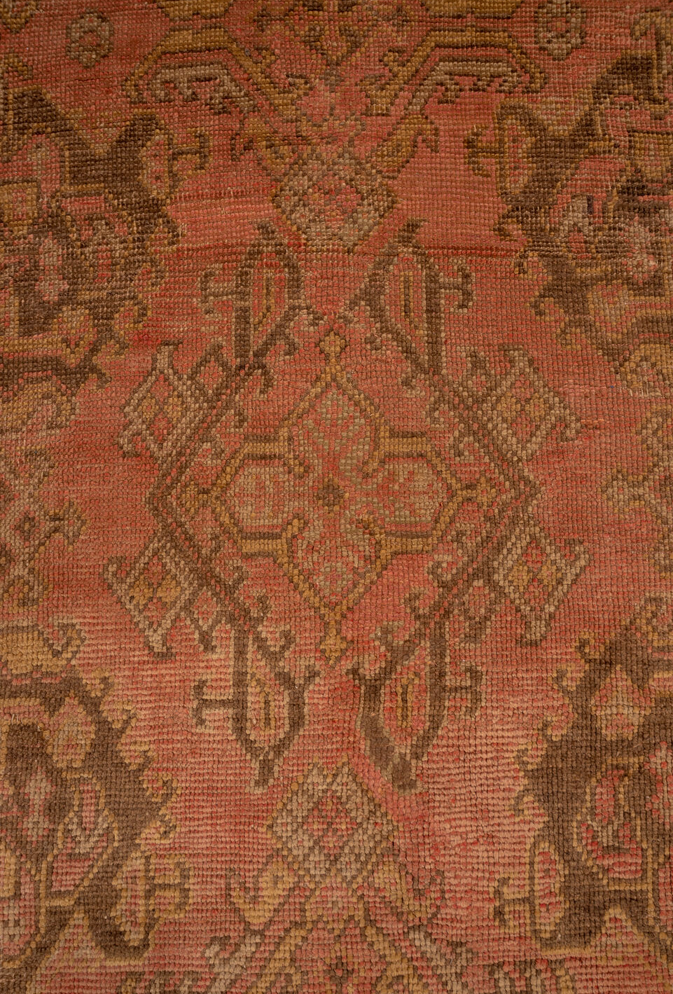 13' x 20' one-of-a-kind handmade vintage Oushak oversize rug. Color palette: brown, off-white, orange, pink
