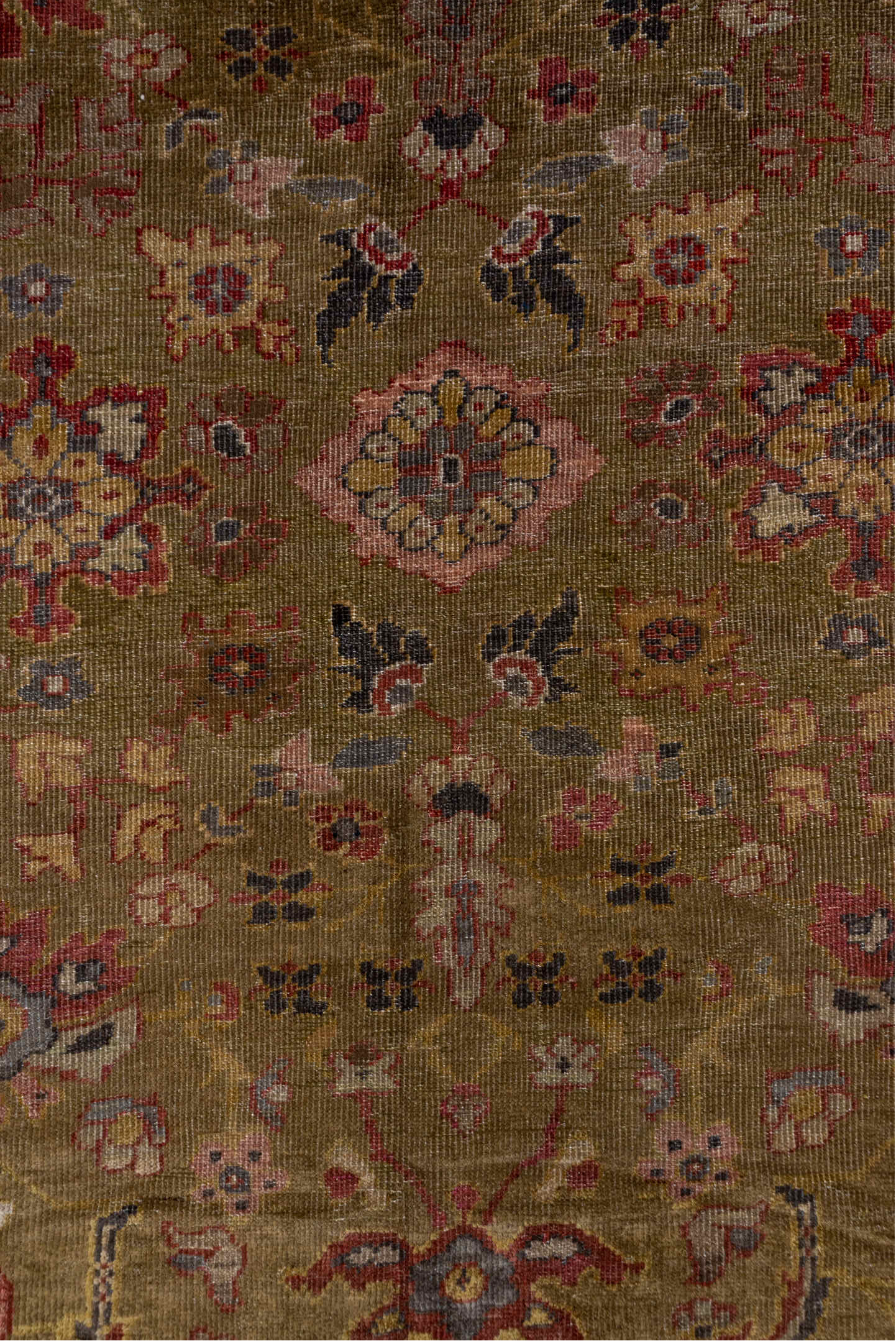 9' x 19' one-of-a-kind handmade vintage Sultanabad rug. Color palette: brown, gray, pink