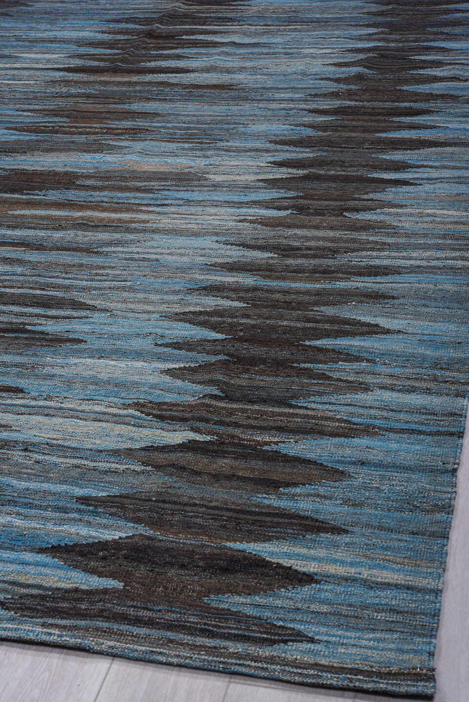 9' x 11' one-of-a-kind handmade vintage Kilim large size rug. Color palette: blue, dark gray, gray, light blue, light gray