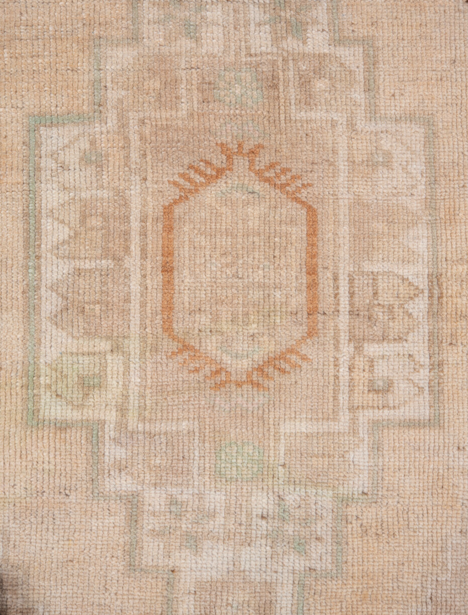 3' x 6' one-of-a-kind handmade vintage Oushak small size rug. Color palette: blue, brown, dark gray, gray, light gray