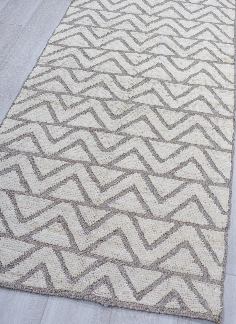 3' x 9' one-of-a-kind handmade vintage Tulu runner rug. Color palette: dark gray, dim gray, gainsboro, gray, light blue