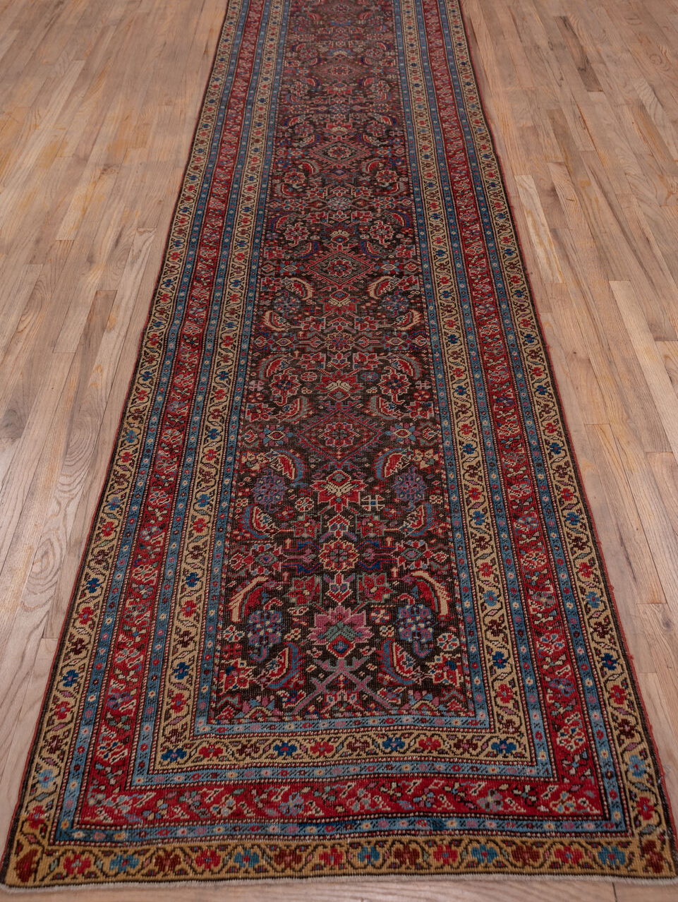 3' x 17' one-of-a-kind handmade vintage Karabagh runner rug. Color palette: black, blue, brown, gray, pink, red