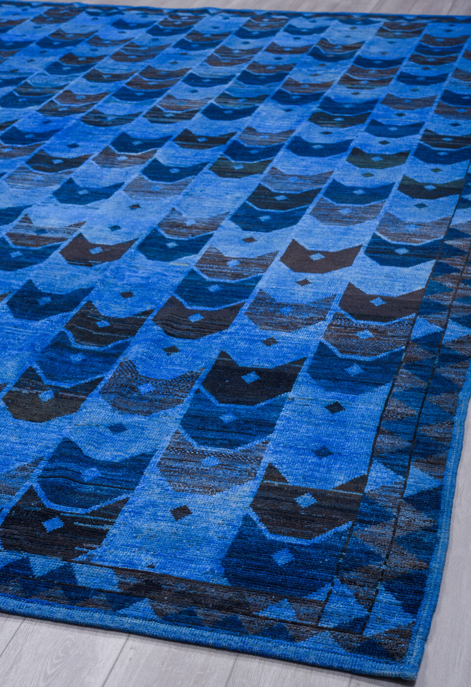 10' x 14' one-of-a-kind handmade vintage Tulu large size rug. Color palette: black, blue, gray, light blue, light gray