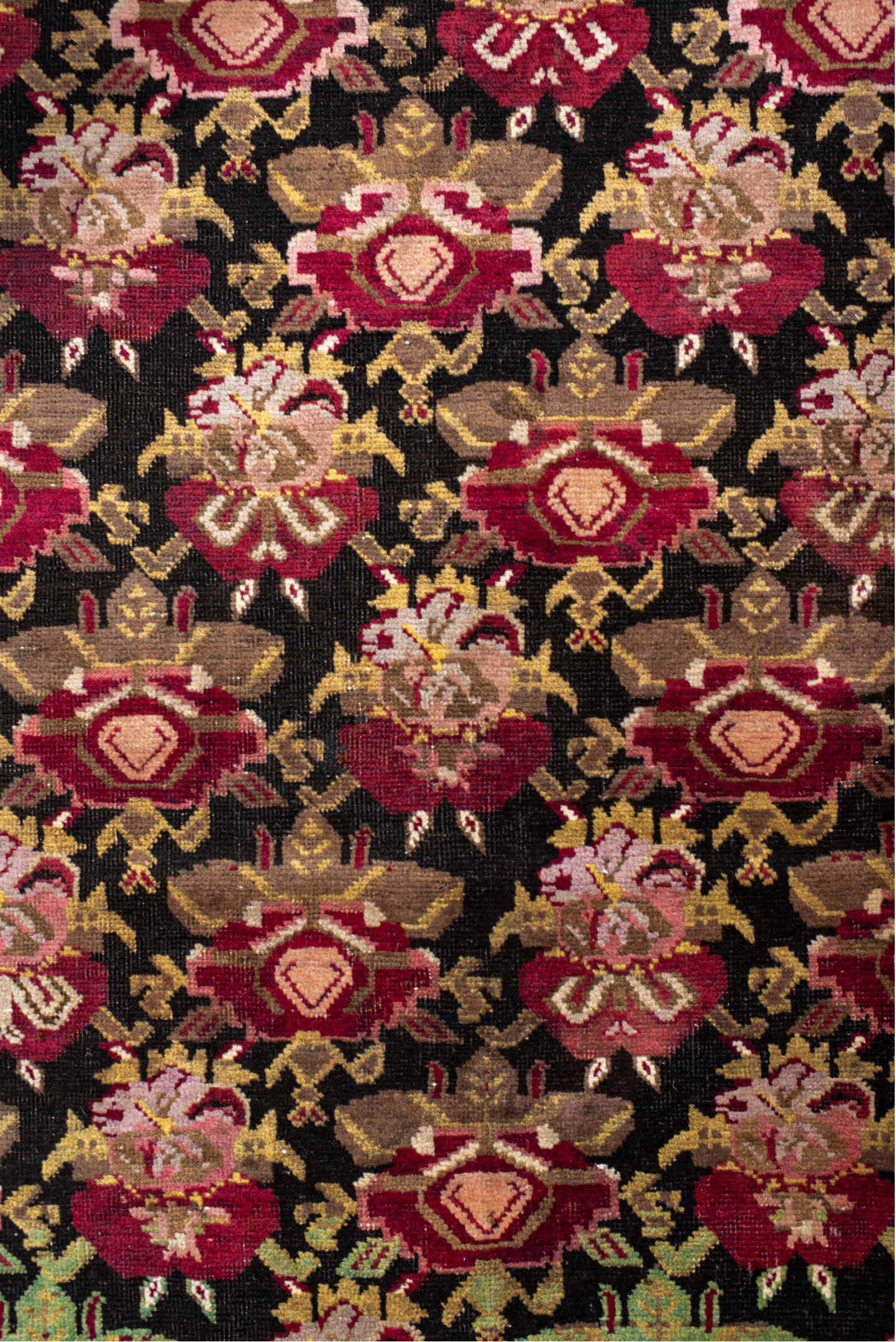 3' x 19' one-of-a-kind handmade vintage Karabagh runner rug. Color palette: brown, gray, light gray, off-white, pink, red