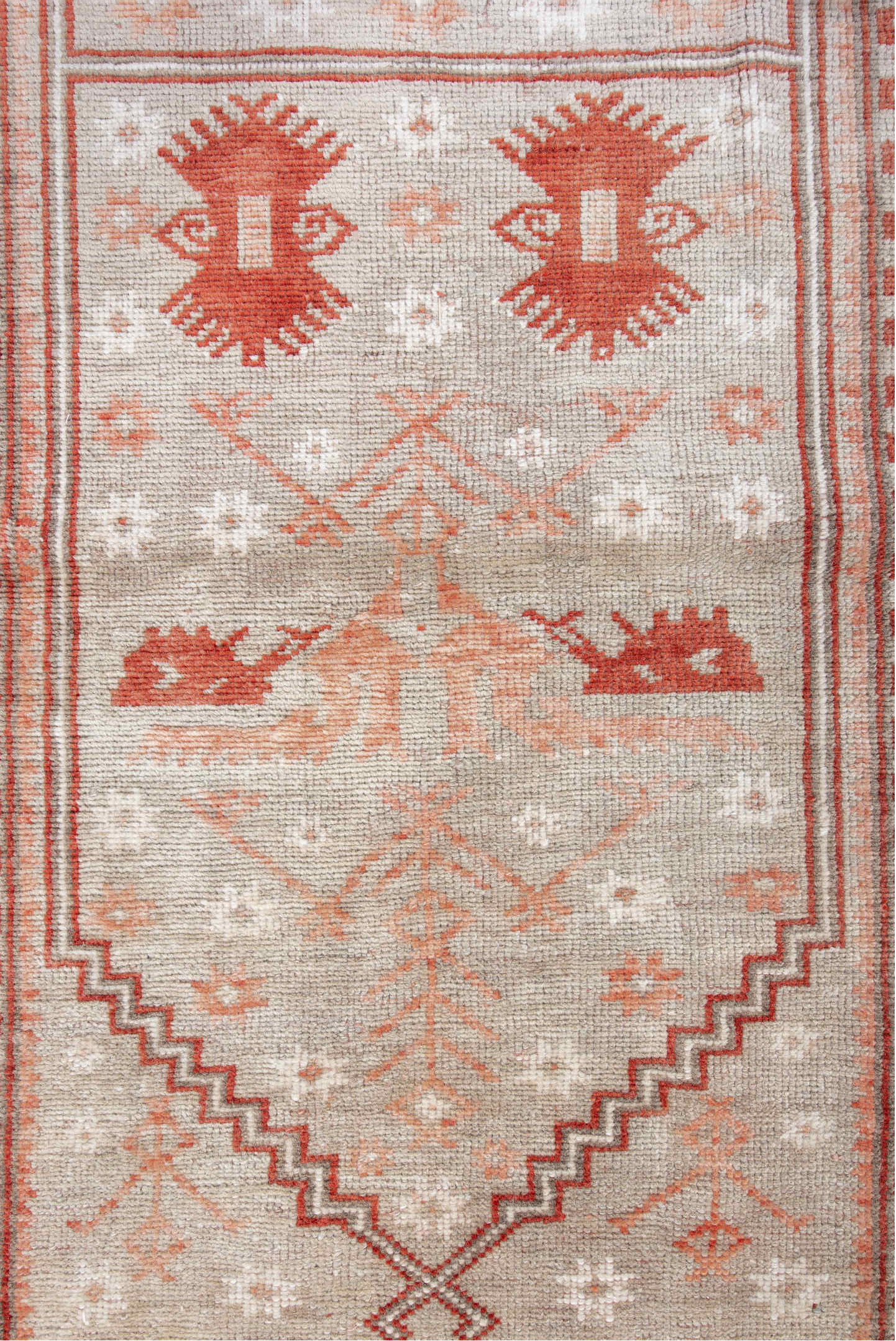 3' x 4' one-of-a-kind handmade vintage Anatol small size rug. Color palette: brown, gray, light gray, off-white, pink, red