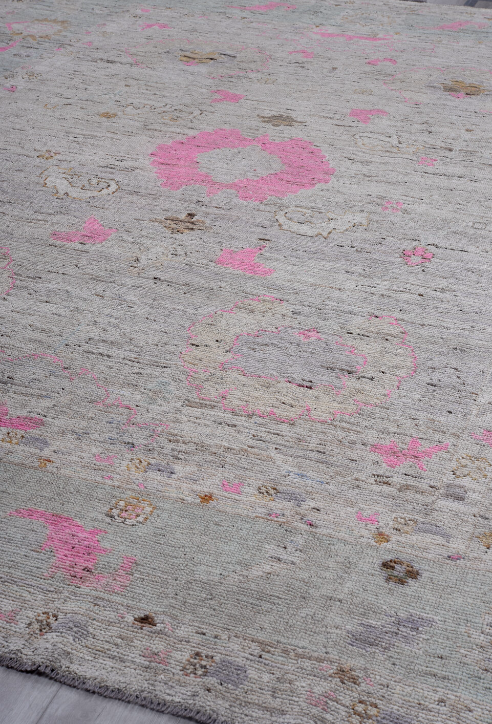 10' x 13' one-of-a-kind handmade vintage Oushak large size rug. Color palette: gray, brown, light blue, pink, black