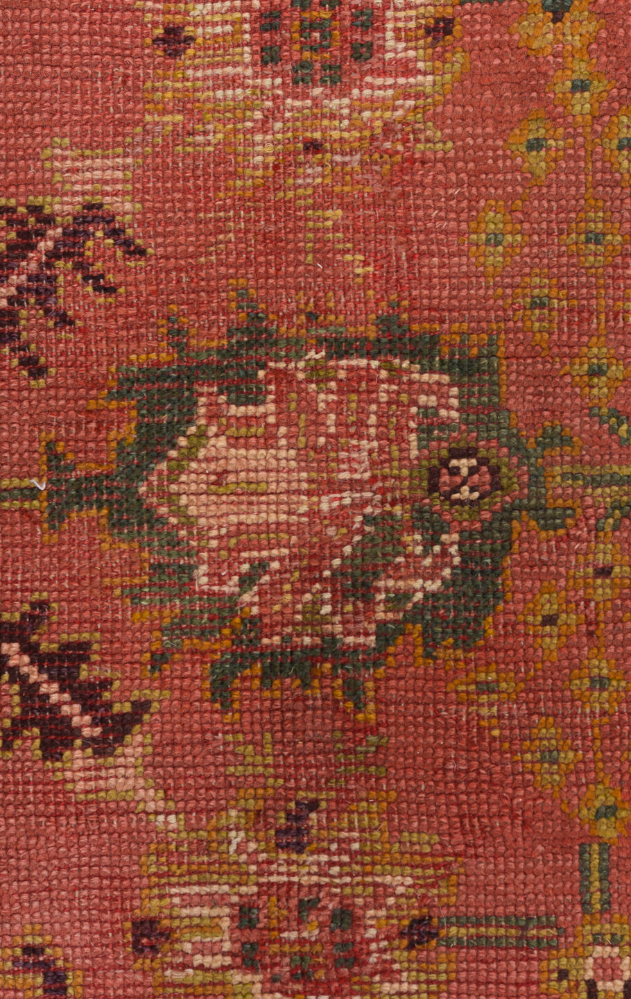 4' x 8' one-of-a-kind handmade vintage Oushak rug. Color palette: brown, burlywood, gray, off-white, orange, peru, pink, red