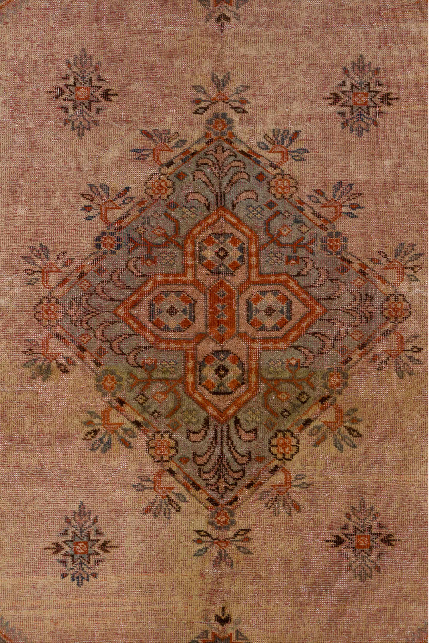5' x 8' one-of-a-kind handmade vintage Oushak medium size rug. Color palette: brown, gray, light gray, off-white, pink