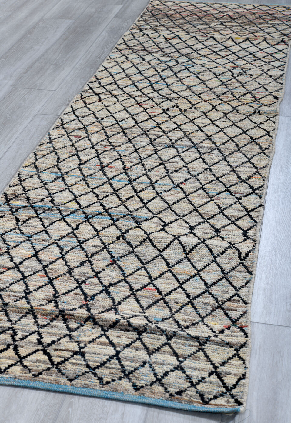 2' x 9' one-of-a-kind handmade vintage Tulu runner rug. Color palette: black, blue, brown, charcoal, dim gray, gray