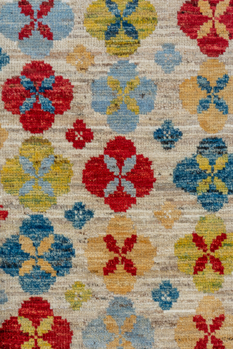 2' x 7' one-of-a-kind handmade vintage Tulu runner rug. Color palette: blue, brown, dark red, gray, light blue, light gray