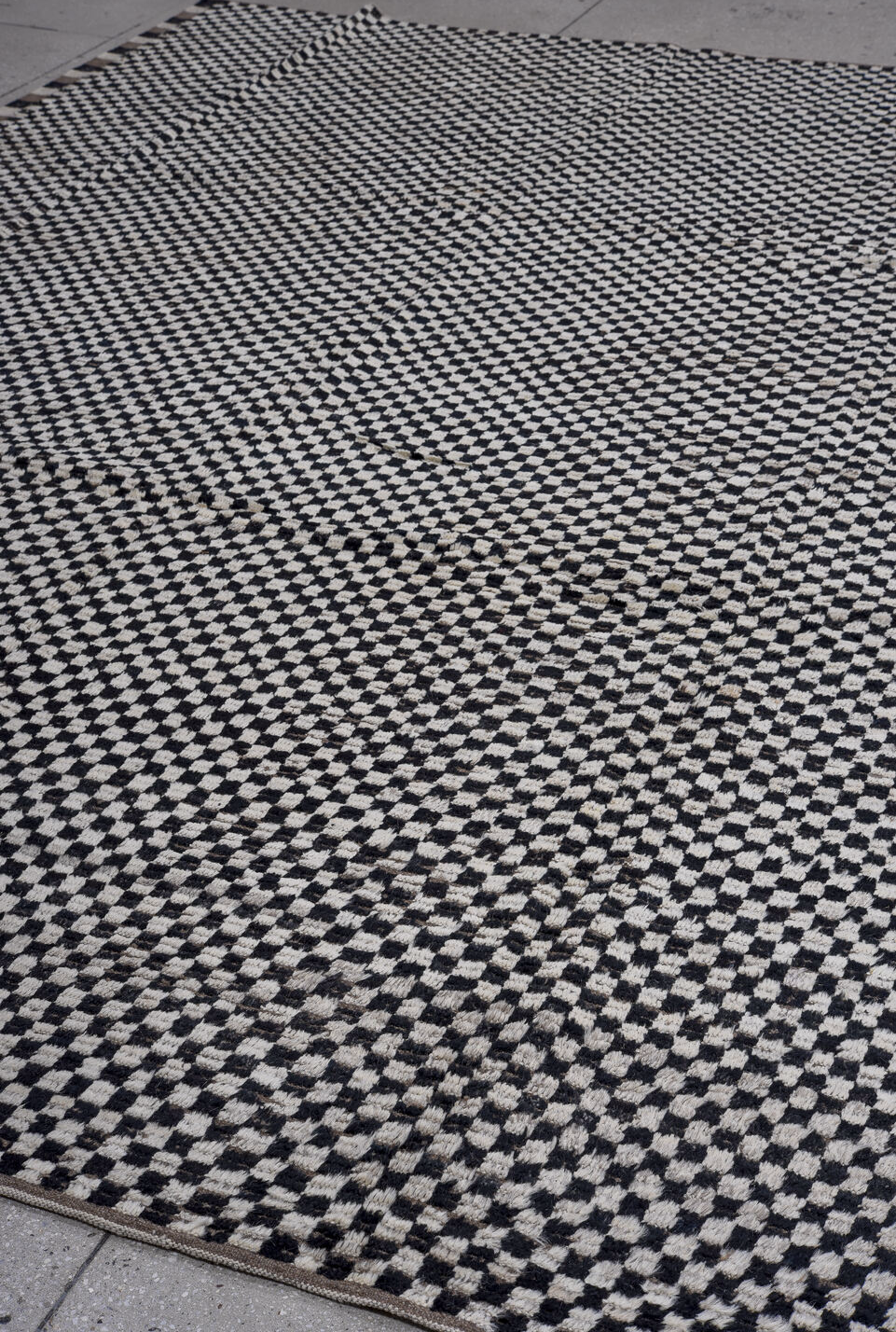 9' x 12' one-of-a-kind handmade vintage Tulu large size rug. Color palette: gray, light gray, off-white, black, light blue