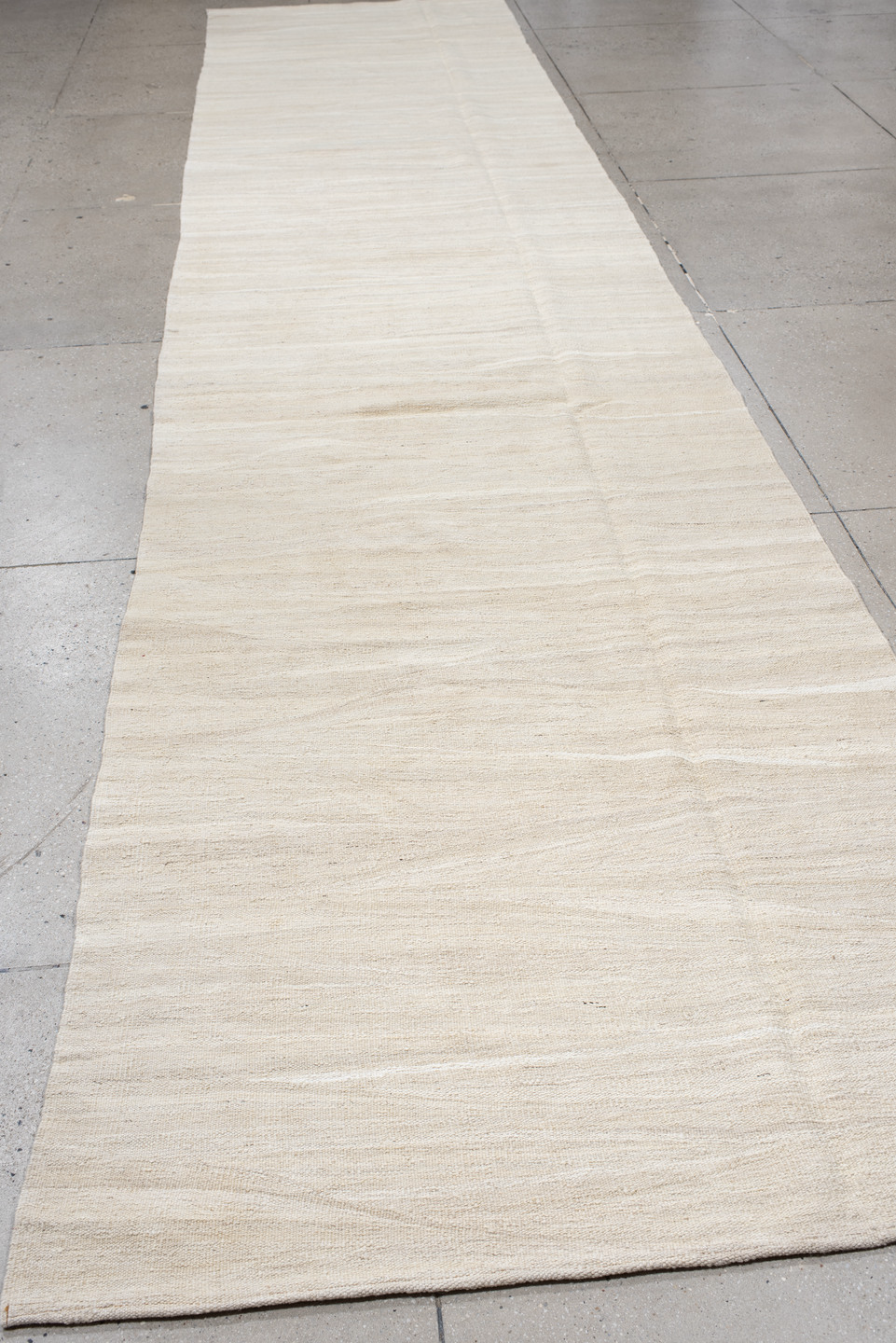 3' x 9' one-of-a-kind handmade vintage Kilim runner rug. Color palette: brown, gainsboro, gray, light gray, linen, off-white