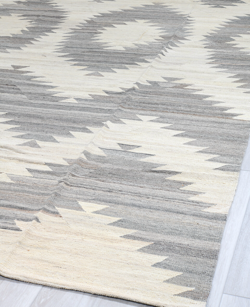 12' x 15' one-of-a-kind handmade vintage Kilim oversize rug. Color palette: antiquewhite, black, charcoal, dark gray