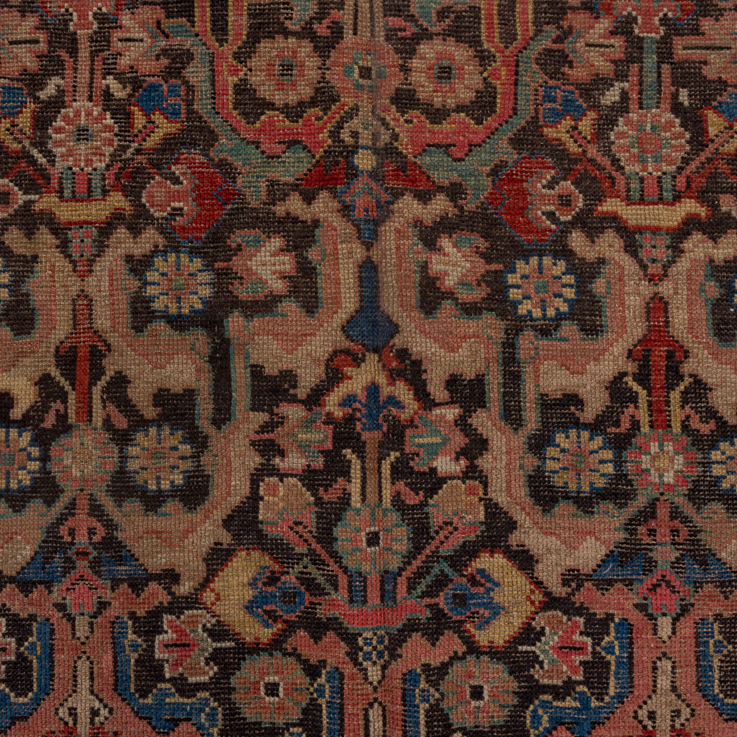 6' x 12' one-of-a-kind handmade vintage Karabagh large size rug. Color palette: black, brown, gray, pink, red