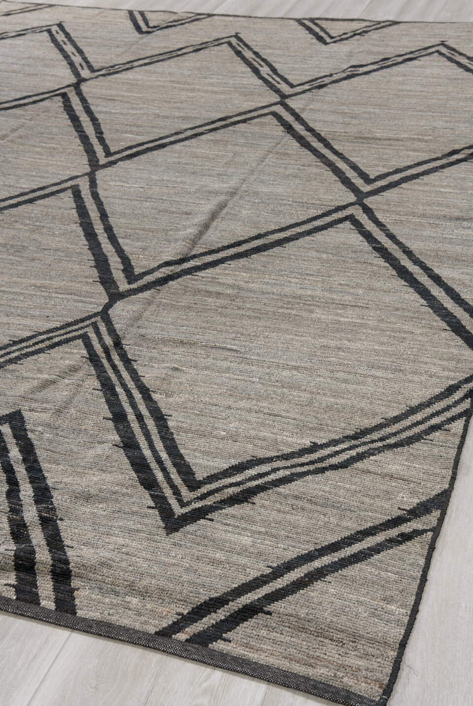 9' x 12' one-of-a-kind handmade vintage Tulu large size rug. Color palette: black, charcoal, dark gray, dim gray, gray