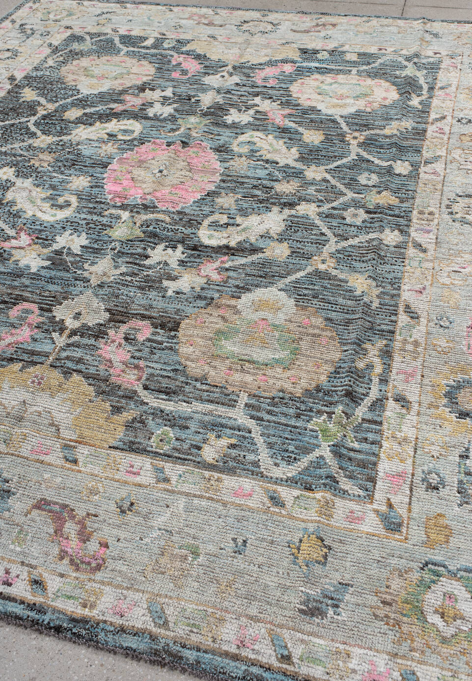 8' x 9' one-of-a-kind handmade vintage Oushak rug. Color palette: black, blue, charcoal, dark gray, gainsboro, gray