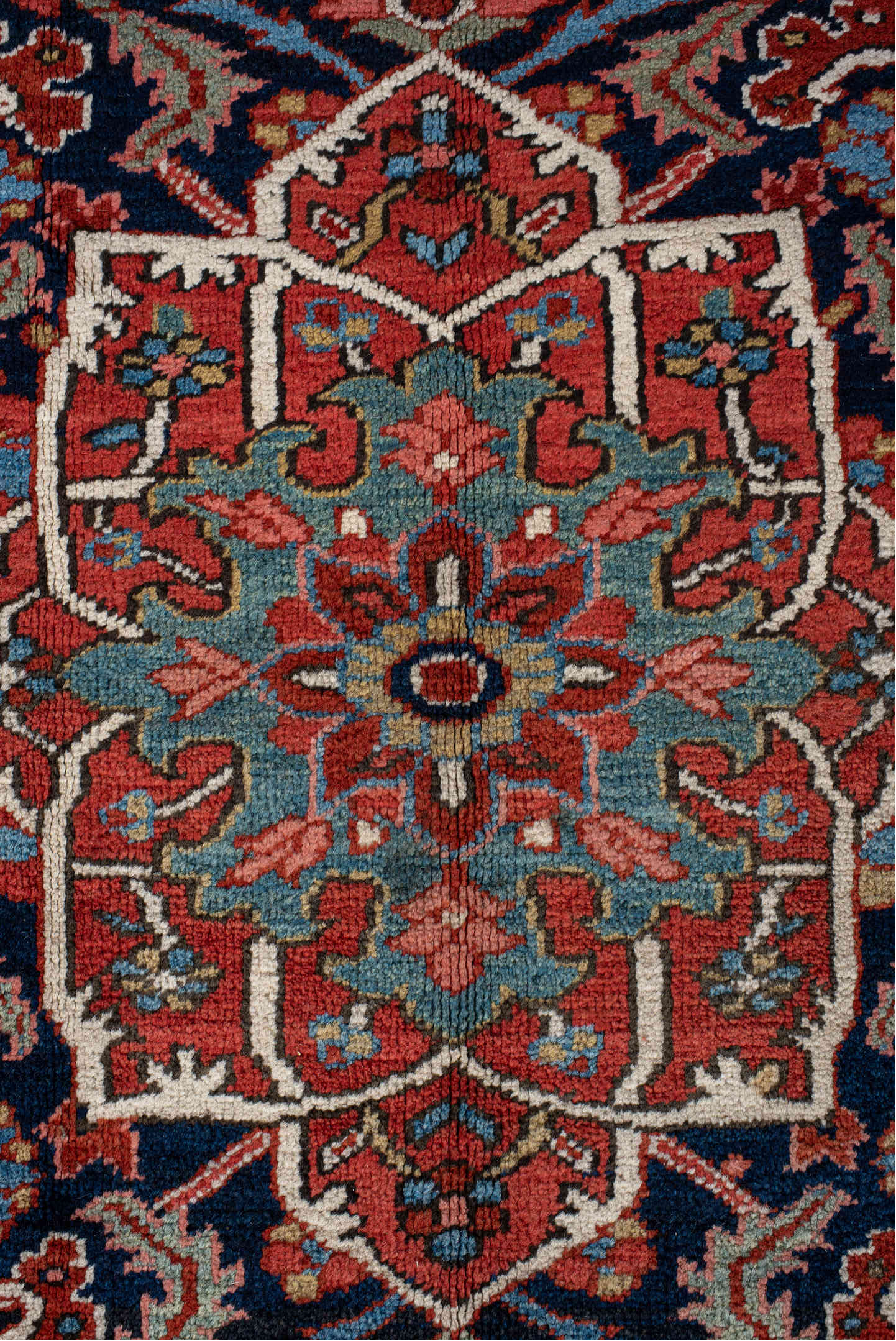 9' x 13' one-of-a-kind handmade vintage Heriz large size rug. Color palette: blue, brown, cadet blue, dark slate gray, gray