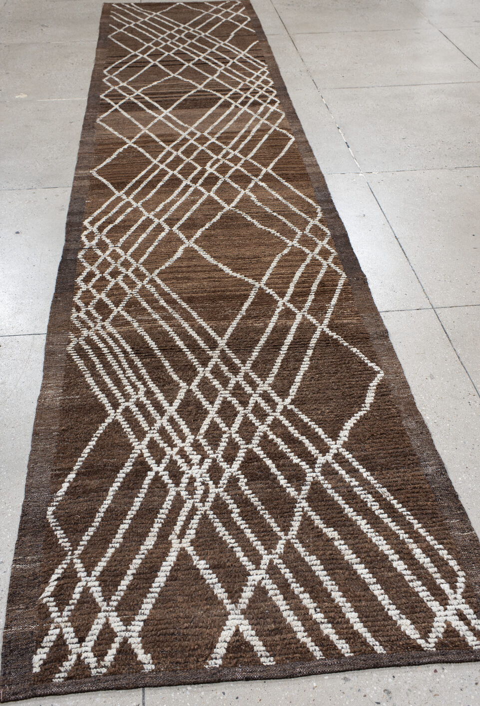 3' x 15' one-of-a-kind handmade vintage Tulu runner rug. Color palette: gray, off-white, black, light gray, pink, brown