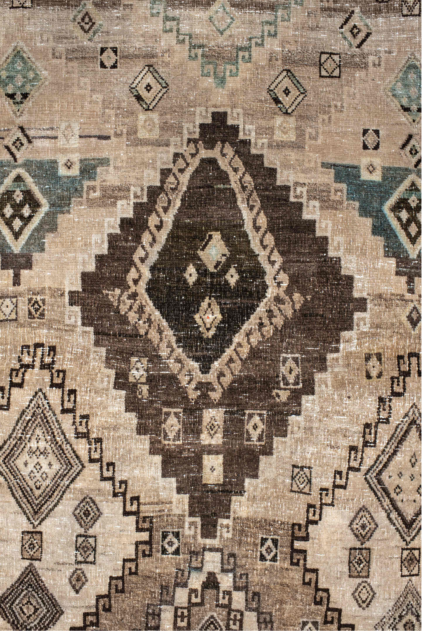 3' x 5' one-of-a-kind handmade vintage Gabbe small size rug. Color palette: gray, brown, off-white, pink, black, orange