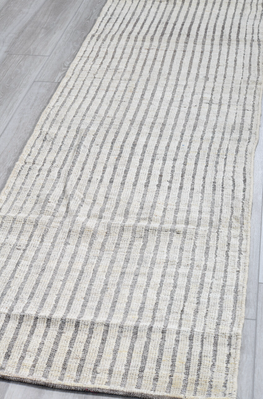 2' x 9' one-of-a-kind handmade vintage Tulu runner rug. Color palette: dark gray, dim gray, gainsboro, gray, light gray