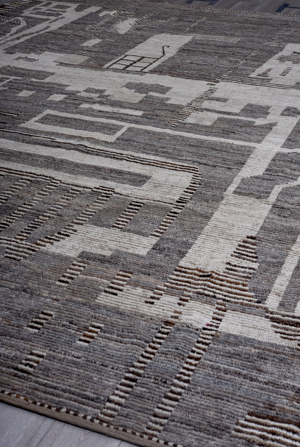 11' x 14' one-of-a-kind handmade vintage Tulu oversize rug. Color palette: black, dark gray, dim gray, gainsboro, gray