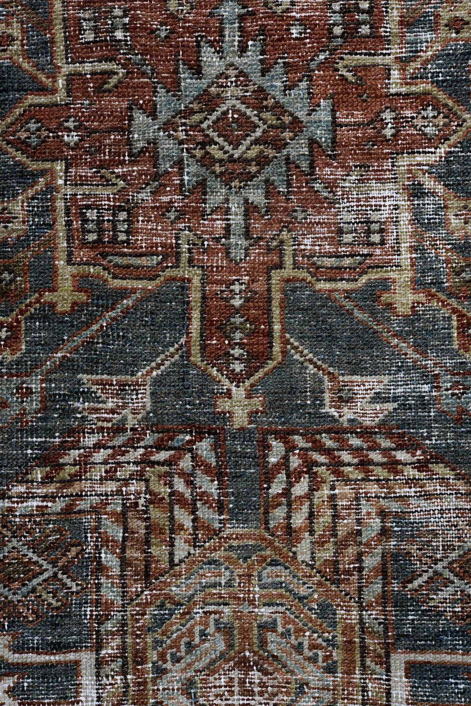 2' x 10' one-of-a-kind handmade vintage Karaje runner rug. Color palette: black, blue, brown, charcoal, gray, light gray