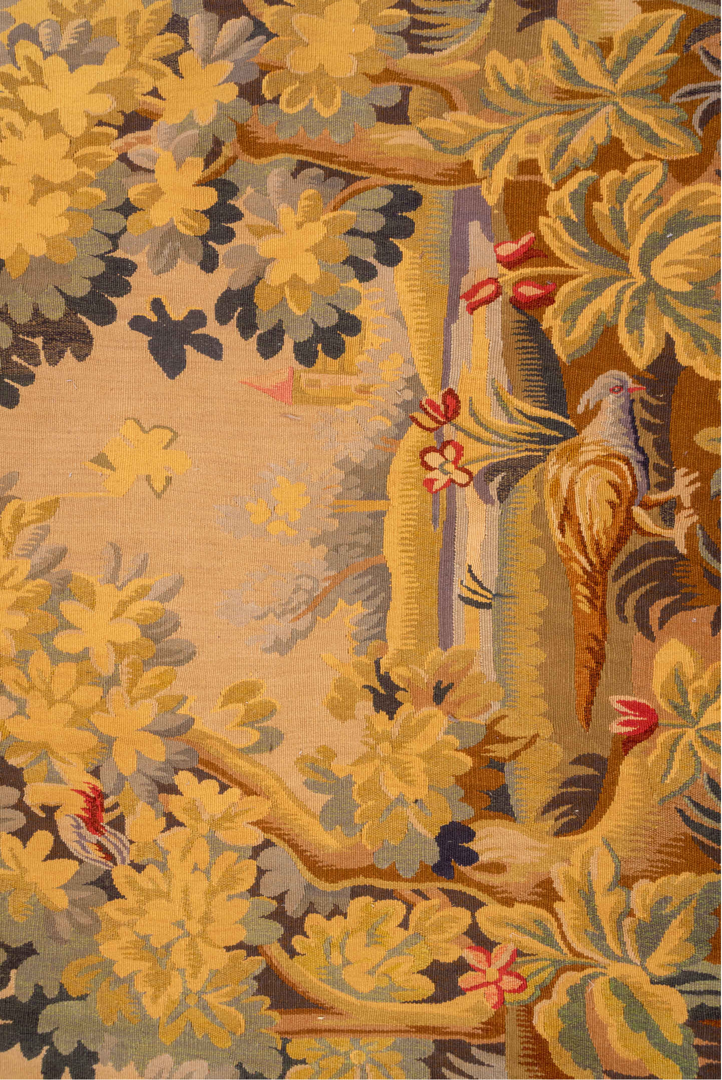 4' x 5' one-of-a-kind handmade vintage Tapestry small size rug. Color palette: brown, burlywood, gray, orange, red