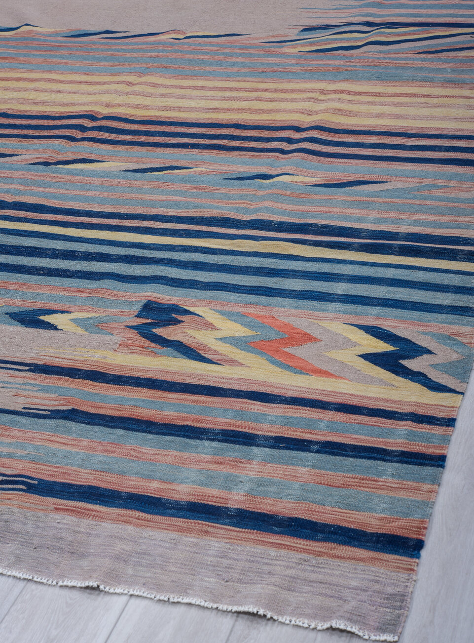9' x 12' one-of-a-kind handmade vintage Kilim large size rug. Color palette: blue, brown, dark gray, gray, light blue
